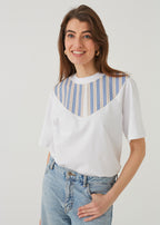 "STRIPES WITH ROSES", WHITE WOMEN'S T-SHIRT WITH COLLAR