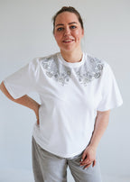 "EMBROIDERY", WHITE SHIRT