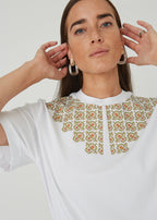"Boho gėlės" moteriški marškinėliai su apykakle