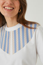 "STRIPES WITH ROSES", WHITE WOMEN'S T-SHIRT WITH COLLAR